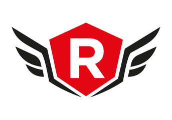 Wing Logo On Letter R, Transport Wing Sign. Transportation Symbol - obrazy, fototapety, plakaty