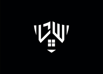 Real estate letter LW shield shape logo and house building vector template.