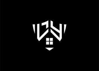 Real estate letter LY shield shape logo and house building vector template.