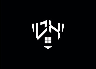 Real estate letter LX shield shape logo and house building vector template