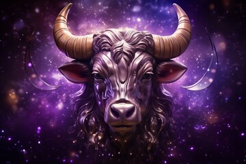 Taurus zodiac sign, bull astrological design, astrology horoscope symbol of april may month background with cosmic animal head in a purple mystic constellation