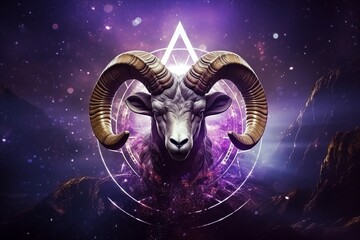 Aries zodiac sign, ram astrological design, astrology horoscope symbol of March April month background with cosmic animal head in a purple mystic constellation - obrazy, fototapety, plakaty