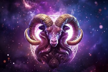 Aries zodiac sign, ram astrological design, astrology horoscope symbol of March April month background with cosmic animal head in a purple mystic constellation
