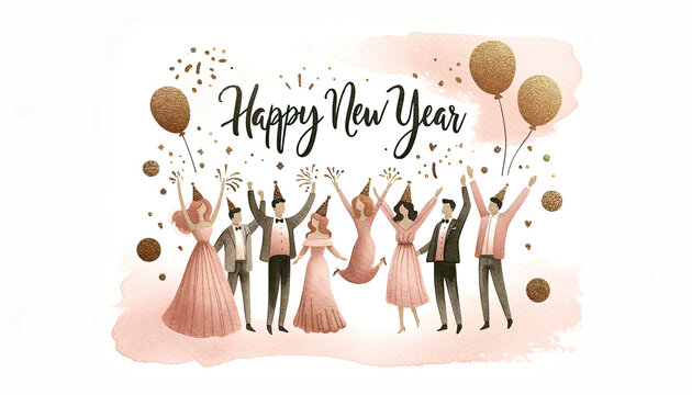 happy people celebrate with word a Happy New Year, cheerful, pink and gold watercolor, white background