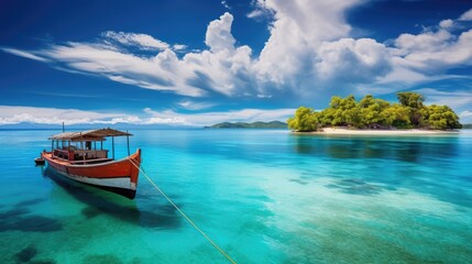 Fototapeta na wymiar Boat in turquoise ocean water against blue sky with white clouds and tropical island. Natural landscape for summer vacation, panoramic view, Generative Ai
