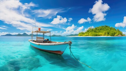 Fototapeta na wymiar Boat in turquoise ocean water against blue sky with white clouds and tropical island. Natural landscape for summer vacation, panoramic view, Generative Ai