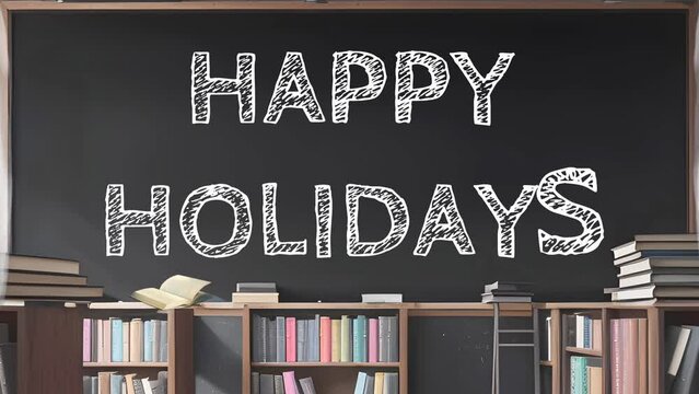 "HAPPY HOLIDAYS" text motion on Blank blackboard or chalkboard and books, classroom background, virtual class environment, world Book Day. Seamless looping 4K animation.