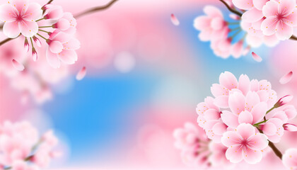 Blue sky and pink cherry blossoms background