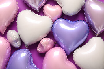 Heart shaped air balloons on purple background. Valentine's Day celebration
