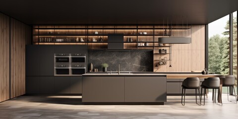 Contemporary, high-end kitchen in monochrome with wooden furnishings and intricate ing.