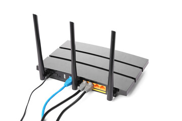 Modern wi-fi router with cables on white background
