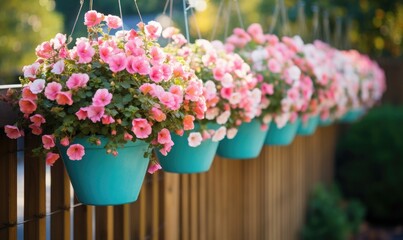 Fototapeta na wymiar Autumn Elegance: Stunning Photo of Colorful Flowers in Hanging Flower Pots with Fence 
