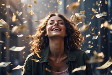 Laughing Smiling Woman Astonished Watching Raining Dollar Bills Falling From The Sky, Unexpected Wealth, Jackpot, Lottery Winner