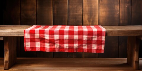 Red checkered tablecloth on wooden table with shelf backdrop.