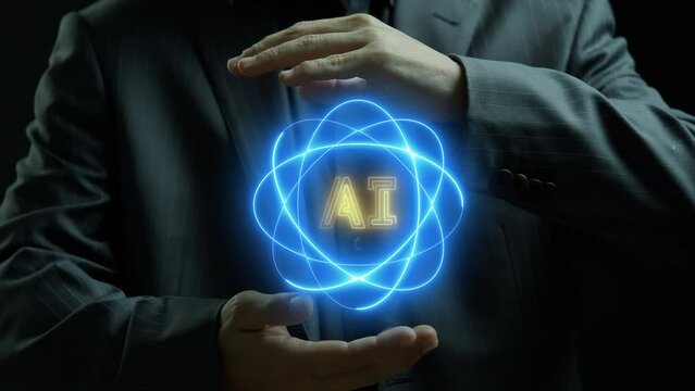 A business man showing AI icon with neon radius around, it between his hand. Concept for AI and technology concept.