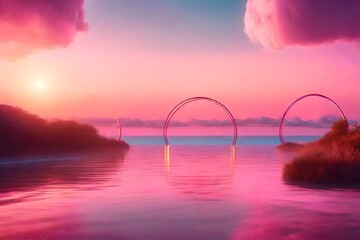 Fototapeta na wymiar 3D panoramic abstract fantasy background. Wonderful wallpaper of the countryside. A serene seascape beneath a cloud-filled, pink sunset sky. Neon arch and rounded mirrors.
