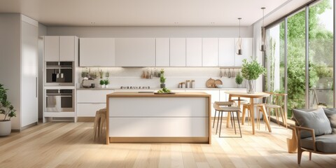 Contemporary kitchen with white furniture, wooden floors, and built-in appliances.