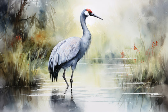 Watercolor picture of a crane.