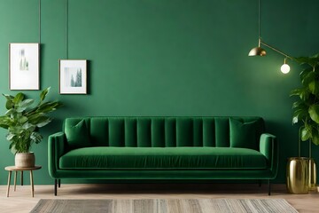 Green wall mockup inside living room with green sofa and accessories.