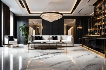 Elegant living room interior featuring a marble floor, black and white walls, a white sofa, and a bar with chairs.