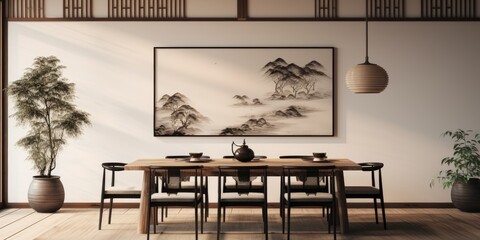 Japanese-style home interior with dining room background featuring a ed frame mockup.