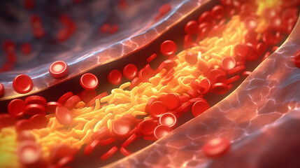 Abstract section of the structure of blood vessels with red blood cells, the wall of the arterial vein is covered with fat - cholesterol plaques obstruct the blood flow, stroke infraction. - obrazy, fototapety, plakaty