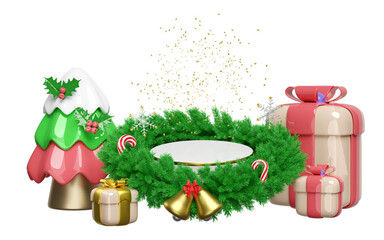3d cylinder stage podium empty with wreath pine leaves, gift box, candy cane, jingle bell, christmas tree, snowflake. merry christmas and happy new year, 3d render illustration