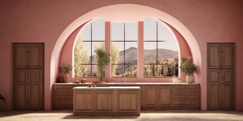  kitchen with stone and wooden details, pink walls, arch window, and double sided cabinet.