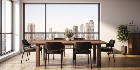 Fototapeta premium Contemporary apartment dining room with large window and wooden table and chairs.