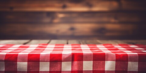 Checkered tablecloth on wooden table. Close-up napkin for design. Rustic kitchen background.