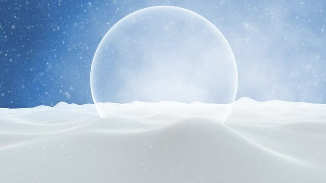 Beautiful snow landscape with frozen glass sphere loop animation.