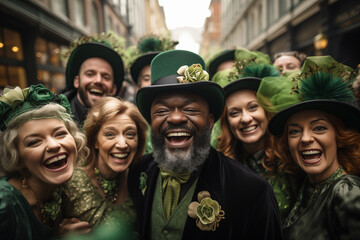 smiling young people in green St. Patrick's top hats celebrating St. Patrick's Day