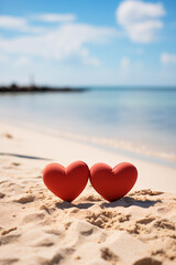 Fototapeta premium two red hearts on the sand against the background of the ocean on a sunny day