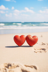 two red hearts on the sand against the background of the ocean on a sunny day