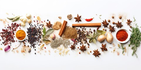 Spices, herbs, and utensils on a white food background.