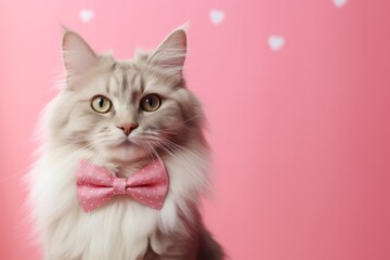 Cat with pink bow tie on pink background
