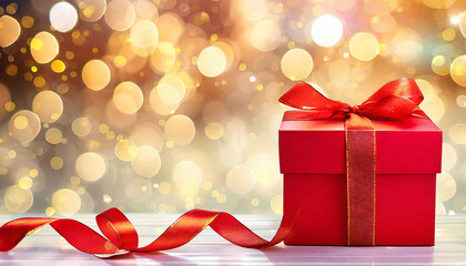 red gift box on golden bokeh background with glitters and stars, copy space.