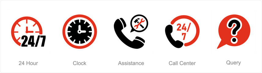 A set of 5 Contact icons as 24 hour, clock, assistance