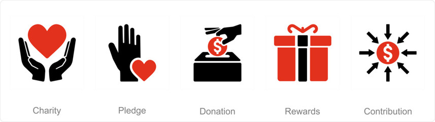 A set of 5 Crowdfunding icons as charity, pledge, donation - obrazy, fototapety, plakaty