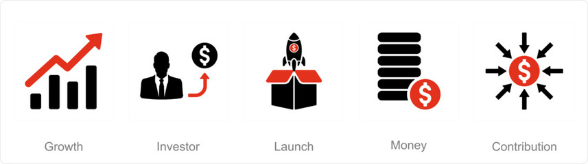 A set of 5 Crowdfunding icons as growth, investors, launch