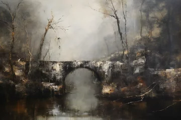Fotobehang Foggy landscape with a stone bridge over the river in the forest © Phantom