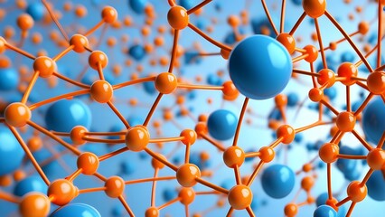 Molecules and atoms in blue background. Science and medical background for banner or flyer. Molecular structure at the atomic level.
