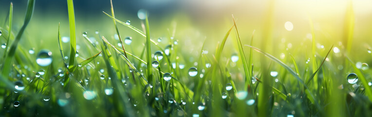 grass close-up with drops of dew in the background bokeh and rays of light