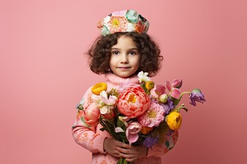 Kid wearing colorful clothes holds bouquet of flowers on pink background 