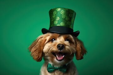 A smiling dog in a leprechaun hat sits on a green background on St. Patrick's Day