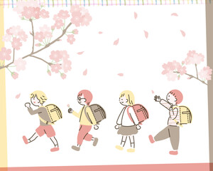 ランドセルを背負って歩く子供たち2_桜