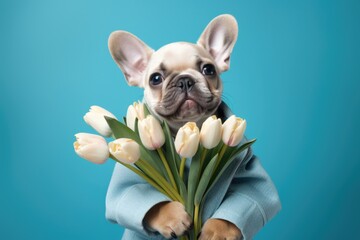 Cute dog wearing colorful clothes holds bouquet of white tulips on blue background