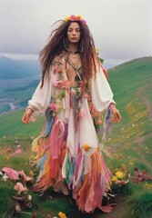 A woman in a colorful dress stands on a hill with long hair flowing. Generative AI.