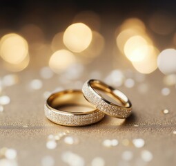 Two wedding rings on a table with gold lights. Generative AI.