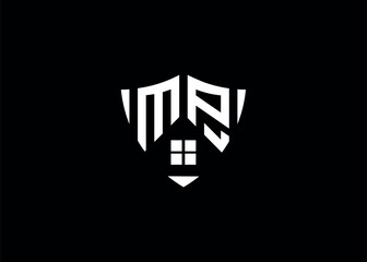 Real estate letter MP shield shape logo and house building vector template